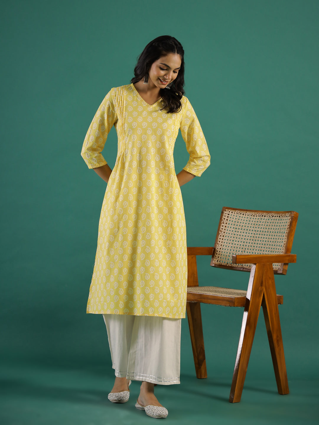 Summer yellow Cotton Printed kurta