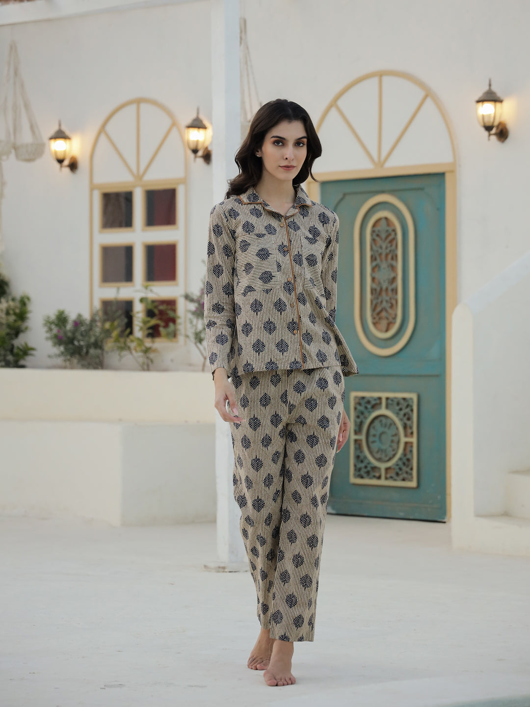 Leaf Printed Cotton Night Suit Set