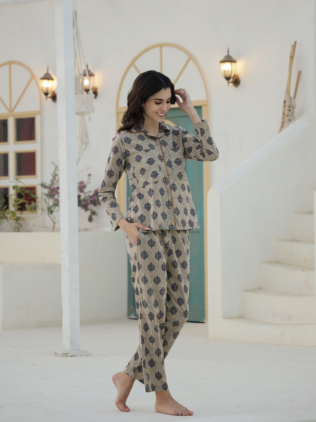 Leaf Printed Cotton Night Suit Set