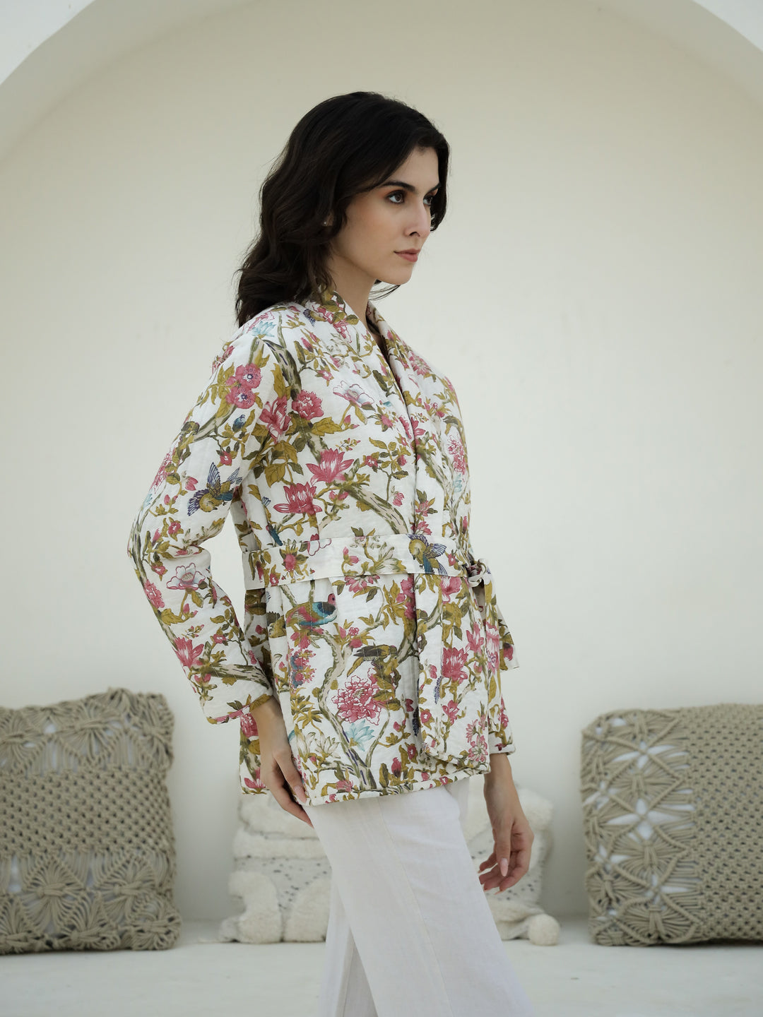 Floral Printed V-Neck Quilted Jacket for Women