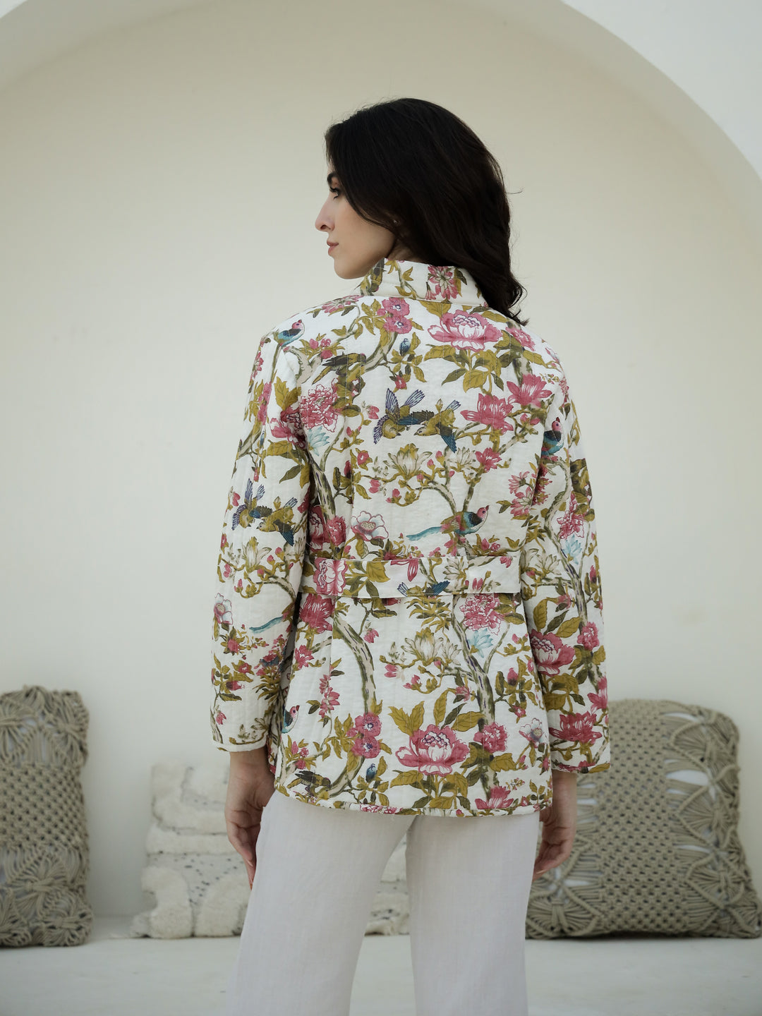 Floral Printed V-Neck Quilted Jacket for Women