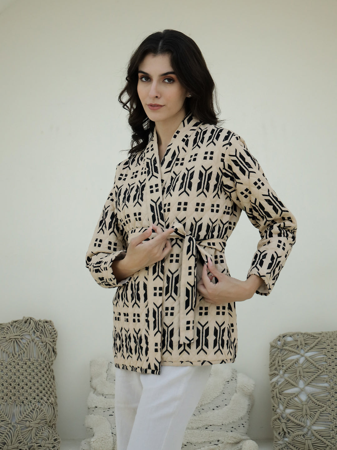 Cream Color Geometric Print Quilted Jacket