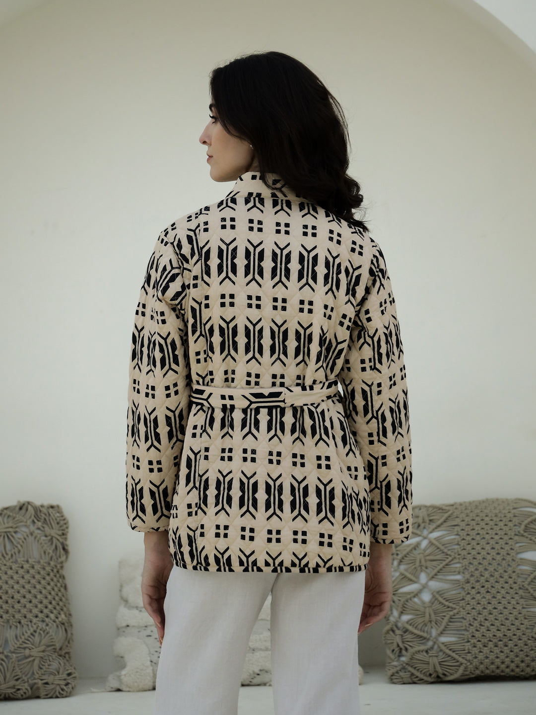 Cream Color Geometric Print Quilted Jacket