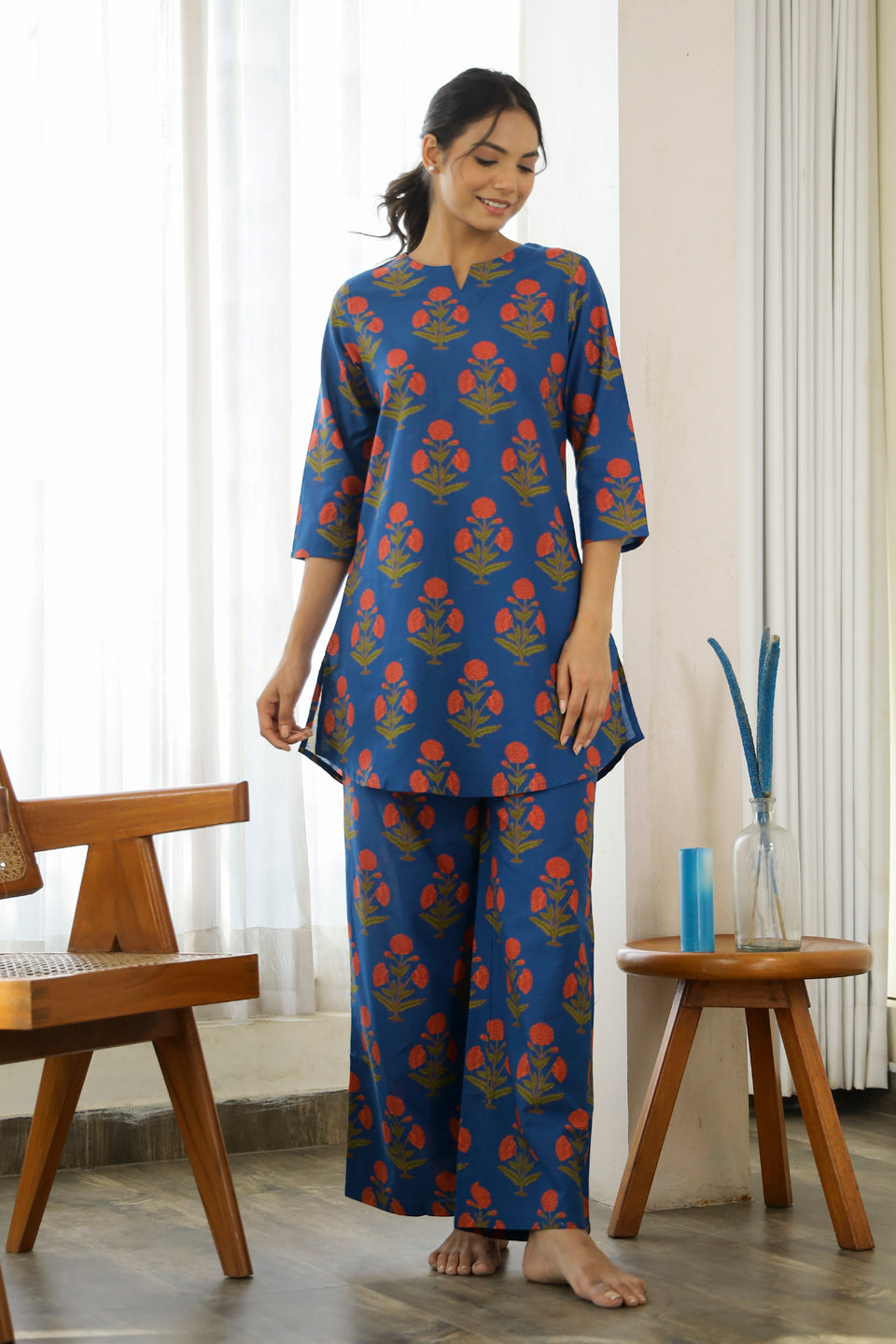 Blue Printed Cotton Loungewear Set