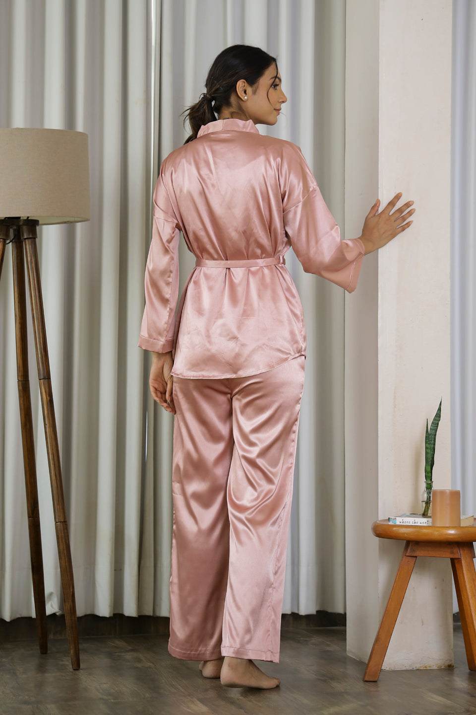 Pink Satin 3Pcs. Night Suit Set