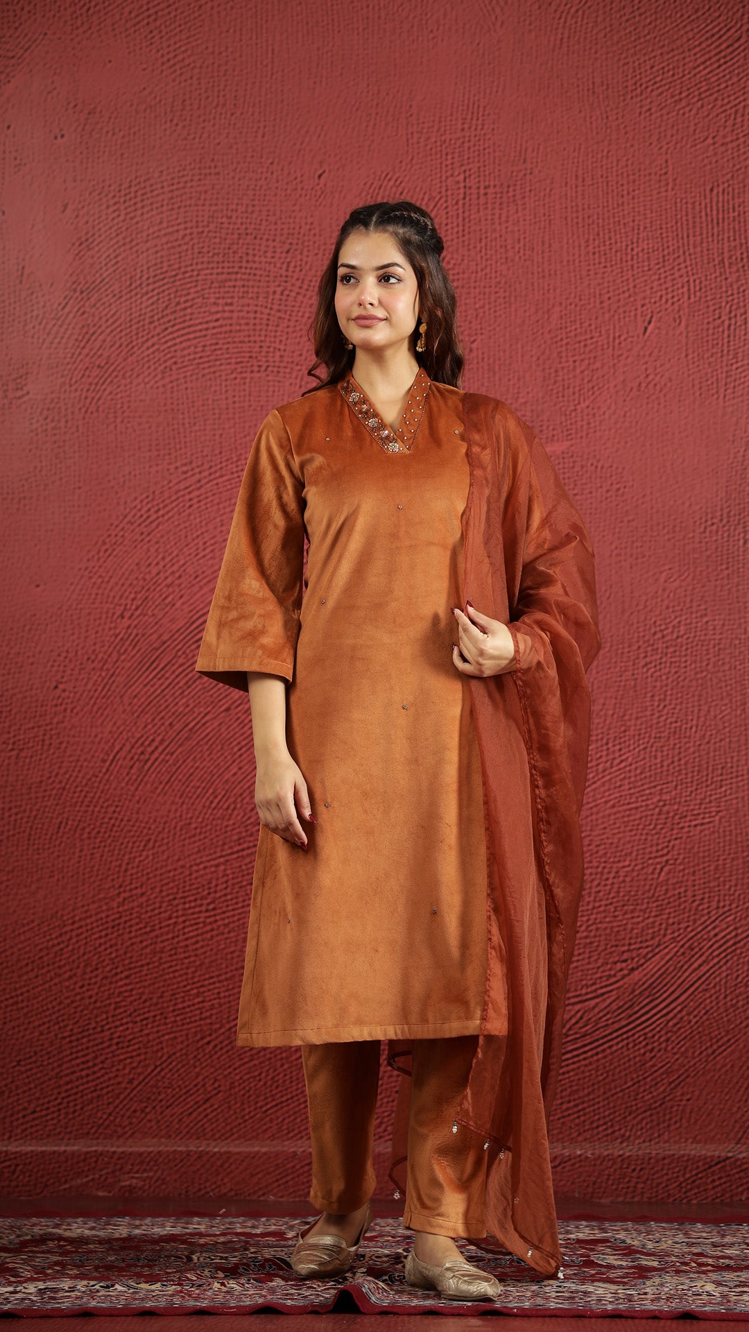 Orange Solid Velvet Kurta set with Dupatta