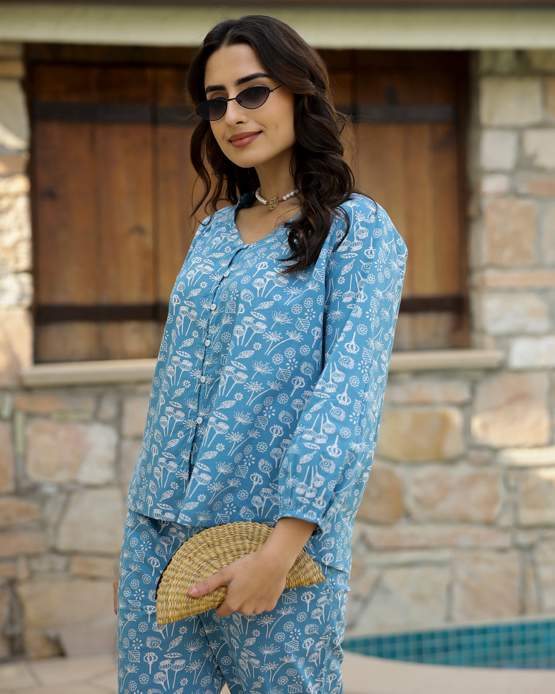 Blue Leaf Cotton Night SUIT