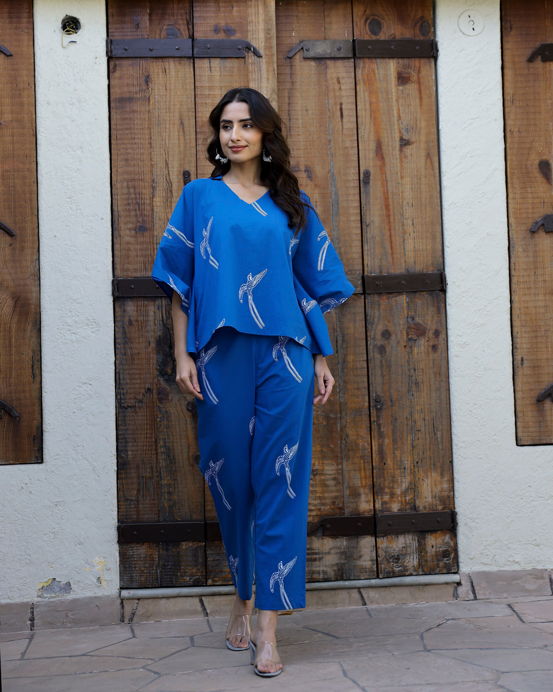 Women's Pure Cotton Blue Conversational Kaftan Night suits