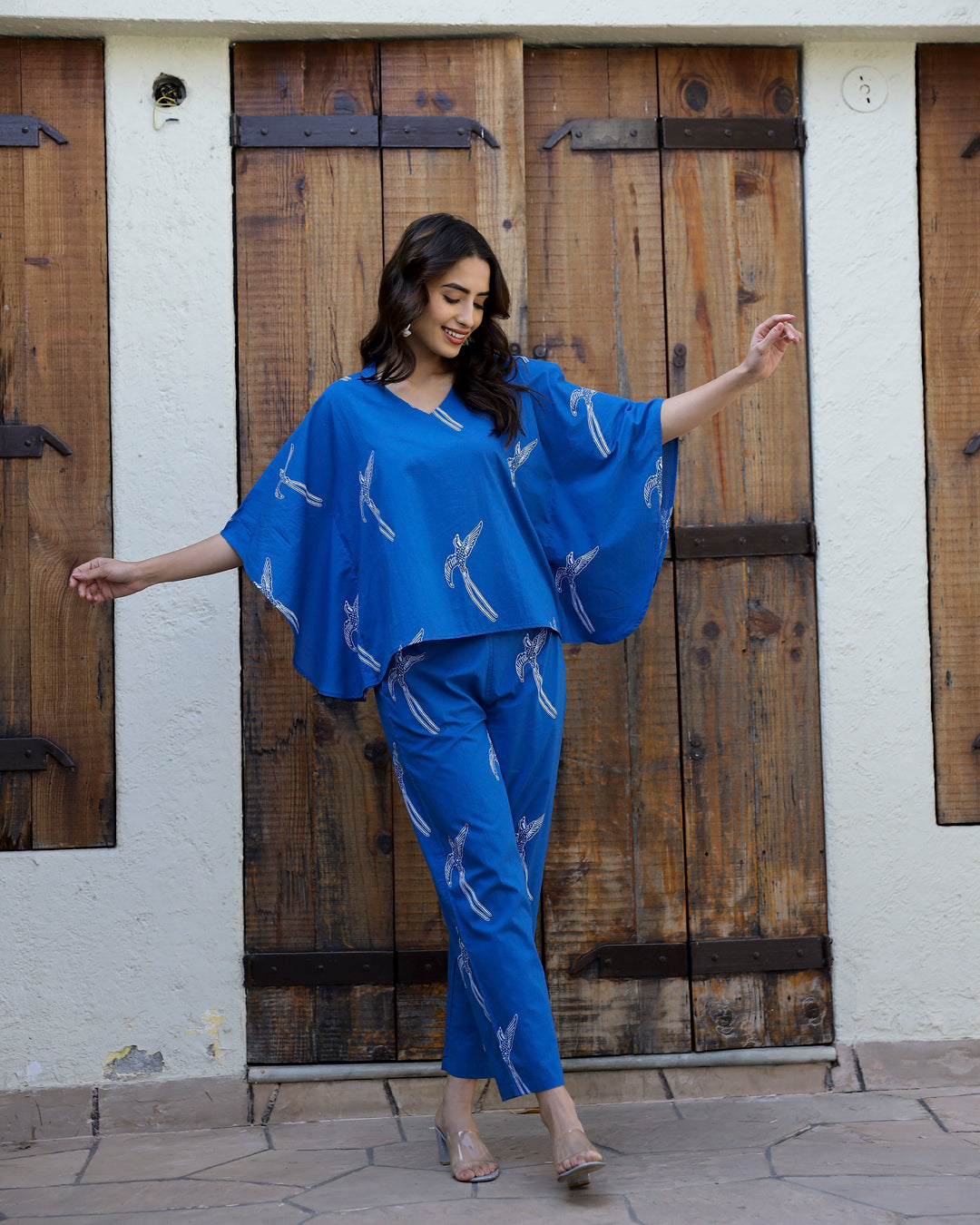 Women's Pure Cotton Blue Conversational Kaftan Night suits