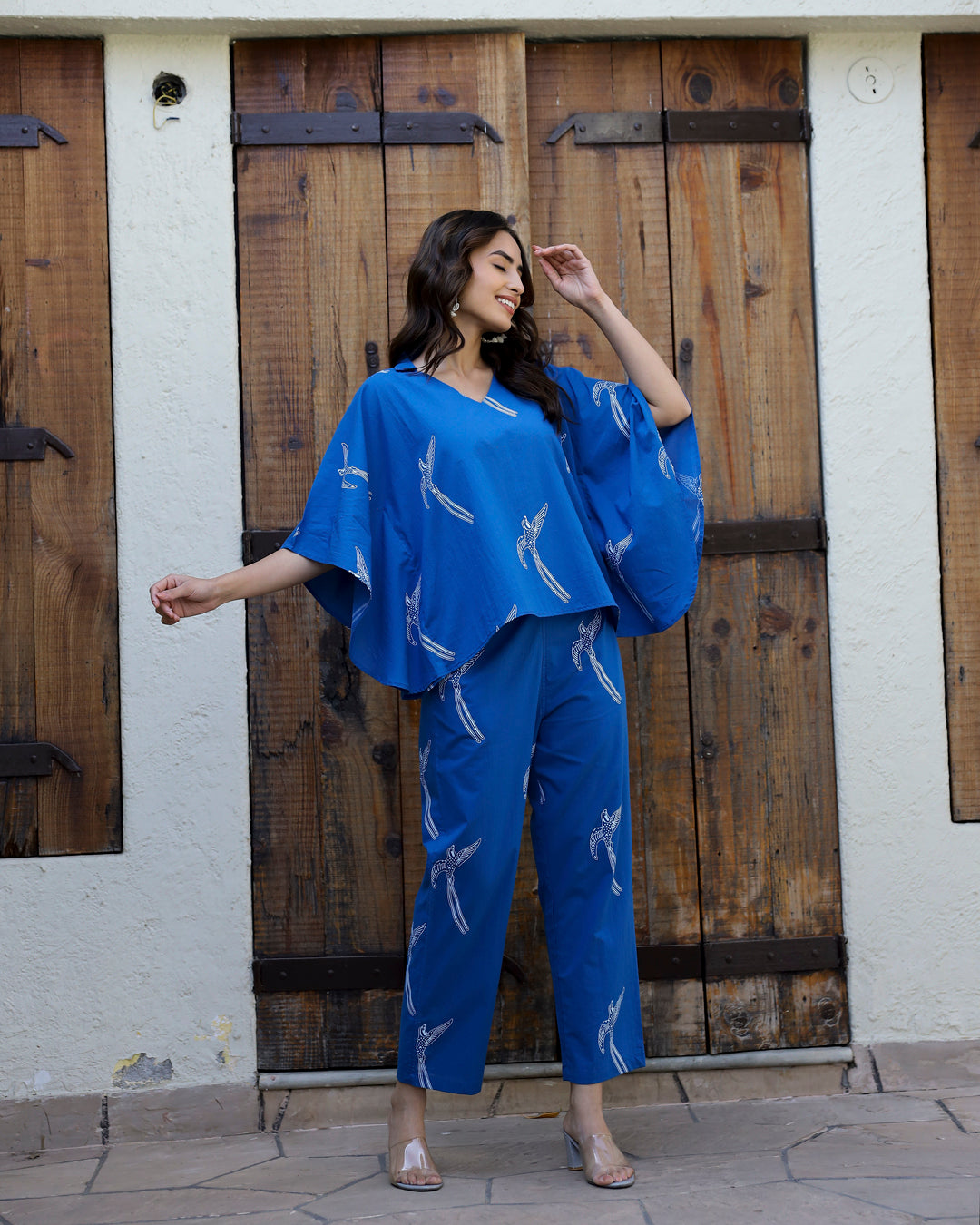 Women's Pure Cotton Blue Conversational Kaftan Night suits