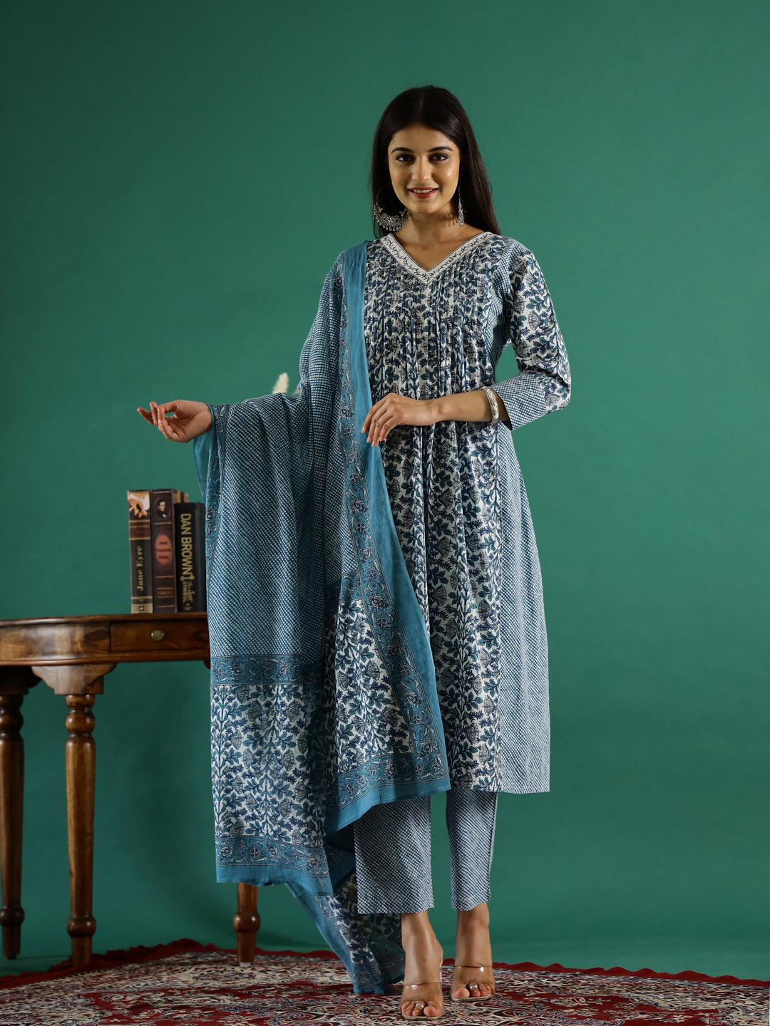 Set of 3 Blue Flower Printed Kurta Set with Dupatta