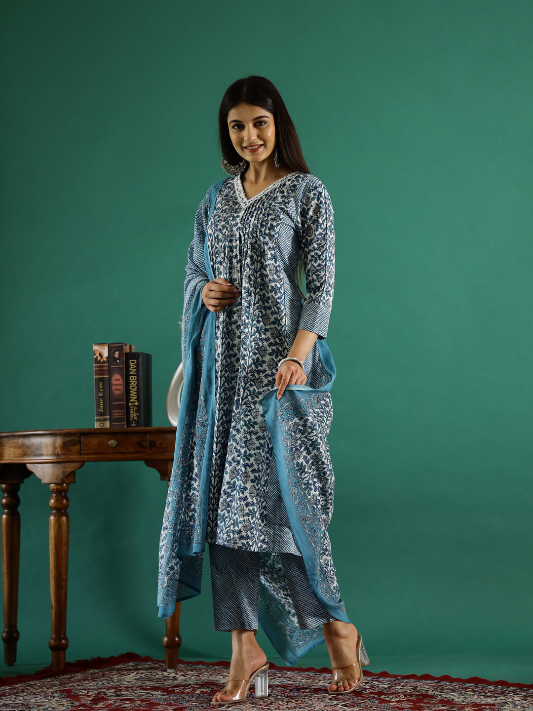 Set of 3 Blue Flower Printed Kurta Set with Dupatta