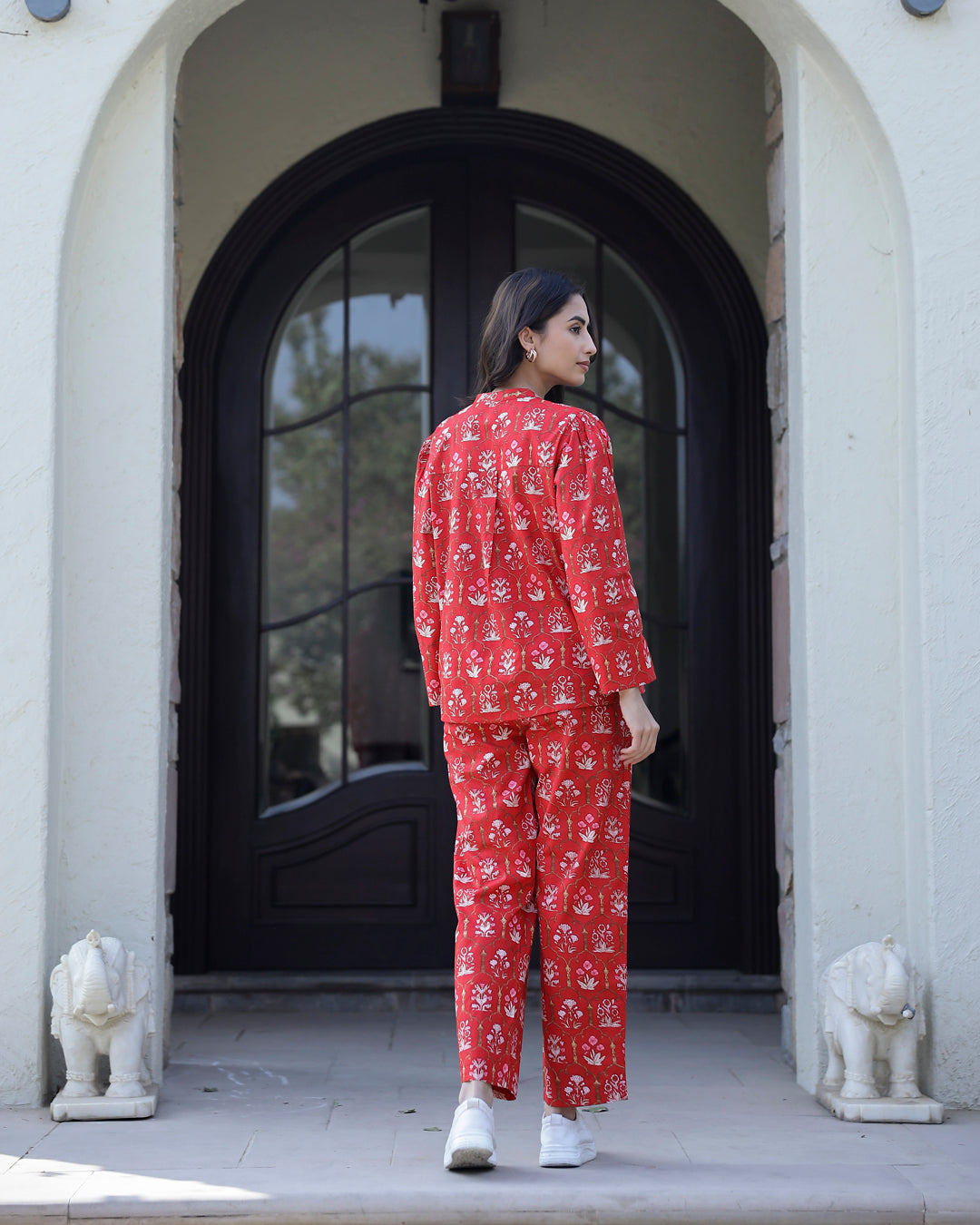 Carmine red Cotton Night Suit Set