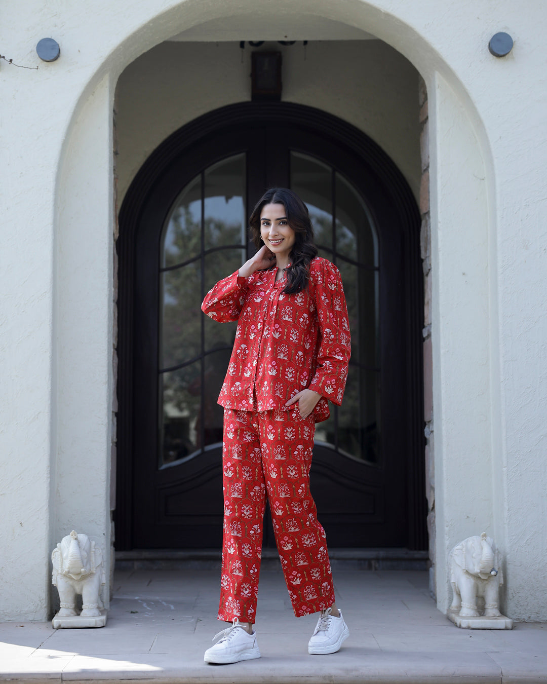 Carmine red Cotton Night Suit Set