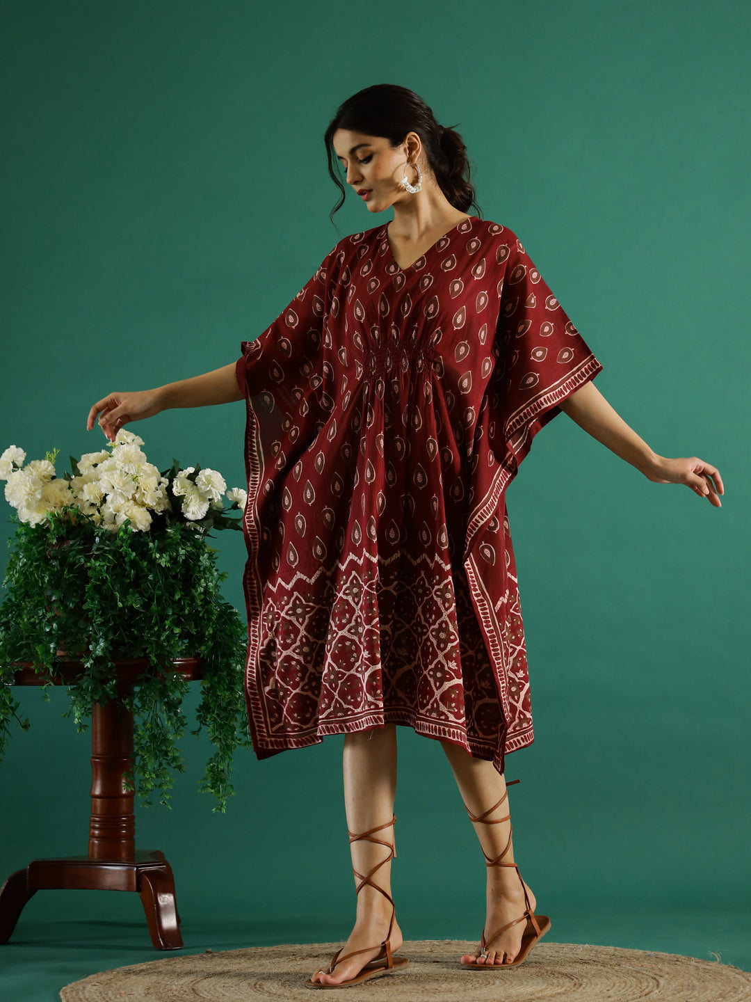 Printed Red Kaftan V-Neck Dress