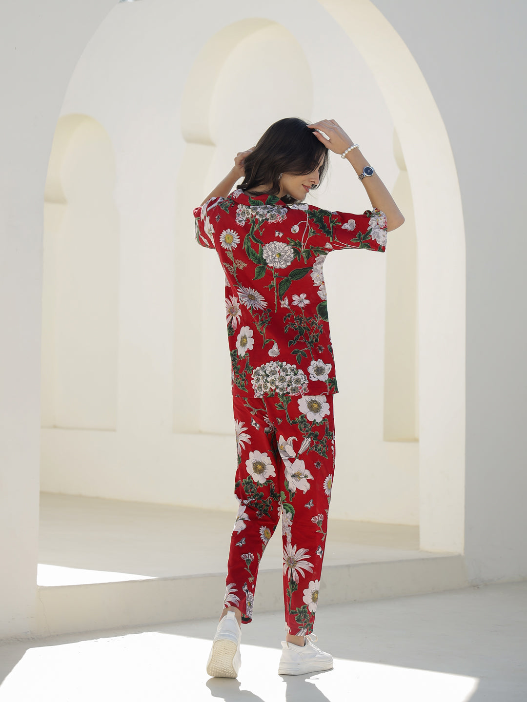 Red Floral Printed Cotton Night Suit