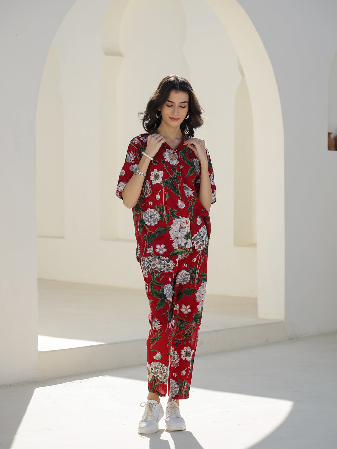 Red Floral Printed Cotton Night Suit