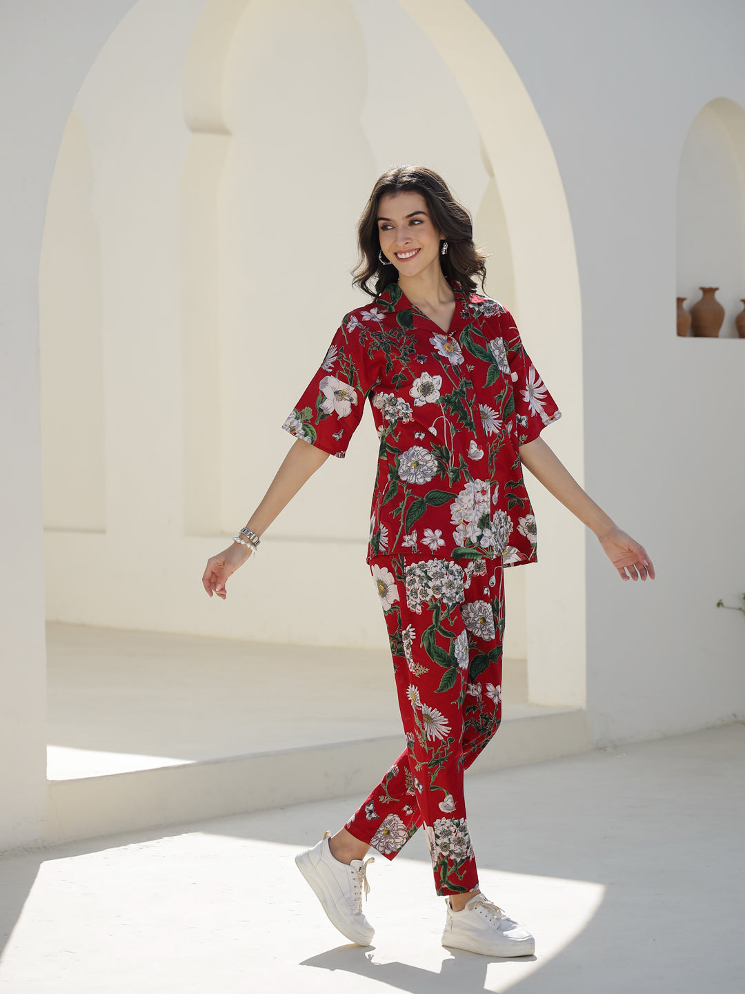 Red Floral Printed Cotton Night Suit