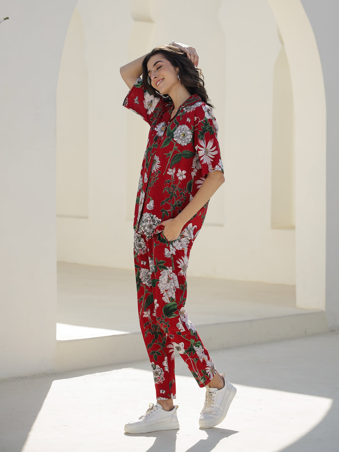 Red Floral Printed Cotton Night Suit