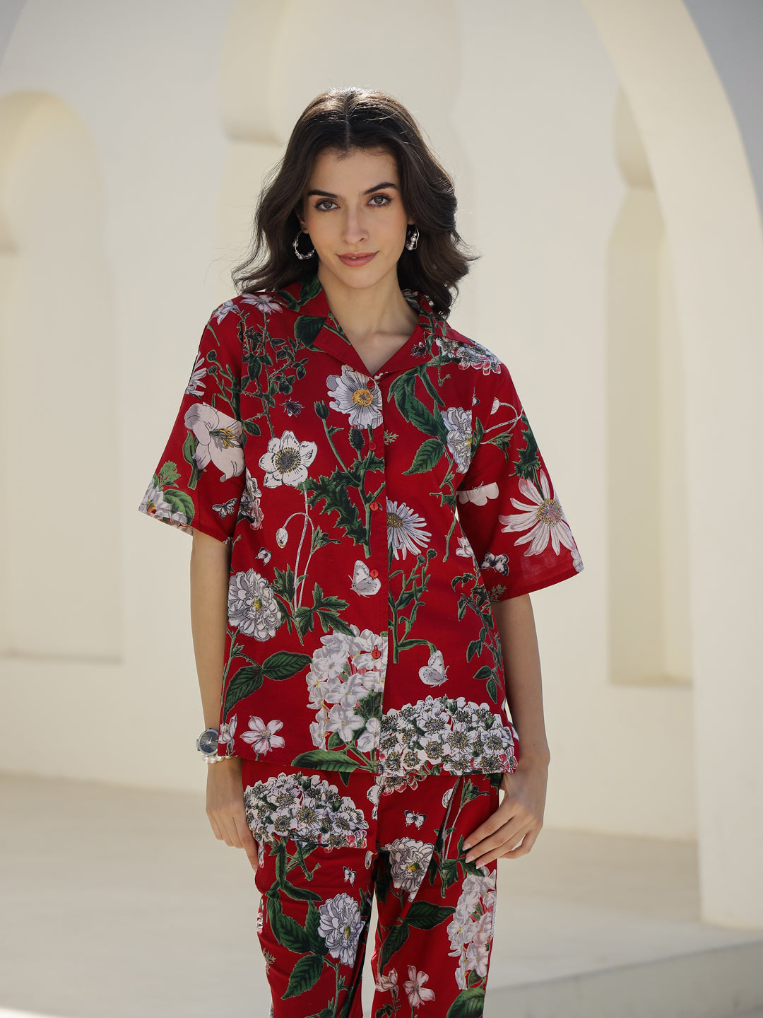 Red Floral Printed Cotton Night Suit