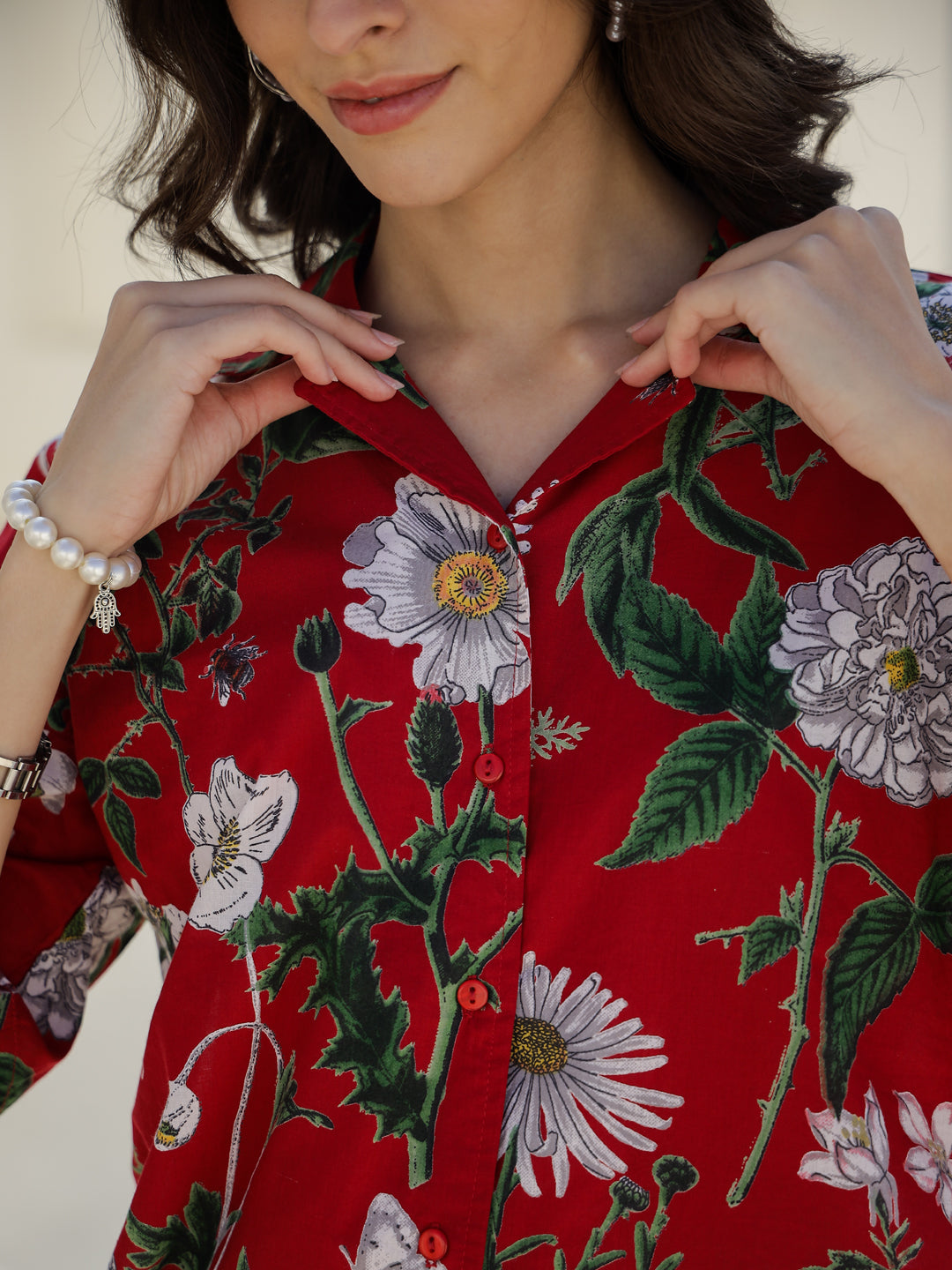 Red Floral Printed Cotton Night Suit