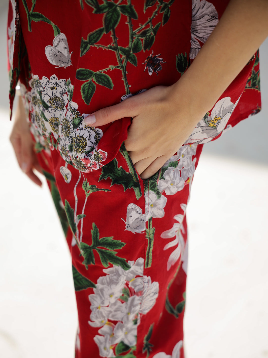 Red Floral Printed Cotton Night Suit