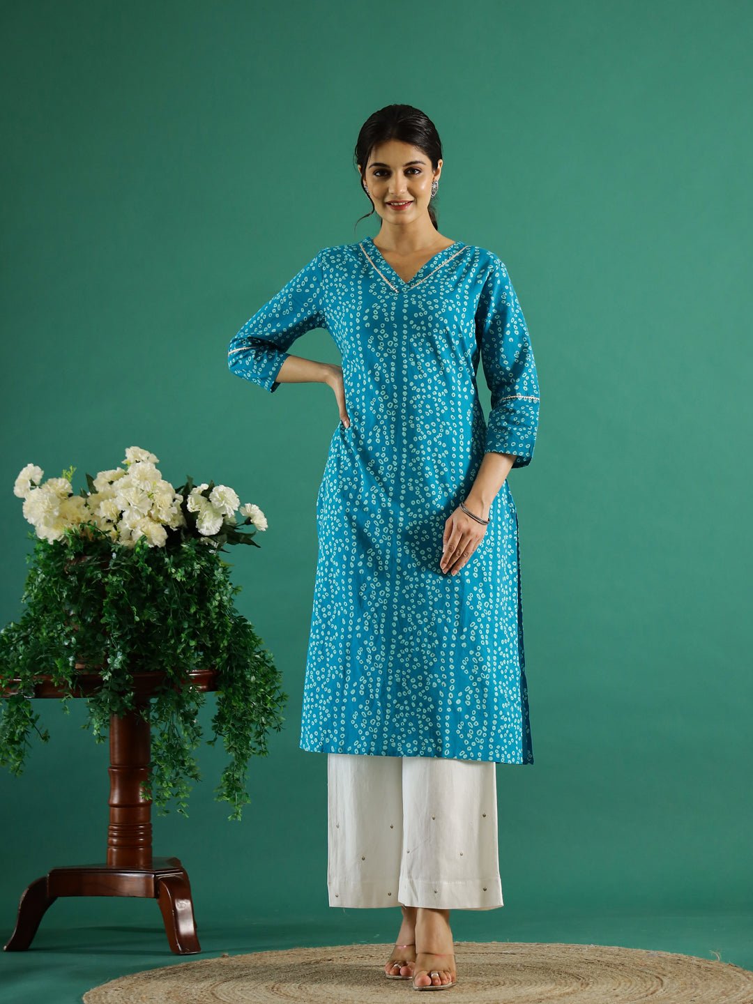 Blue White Dotted  Printed Cotton Kurta