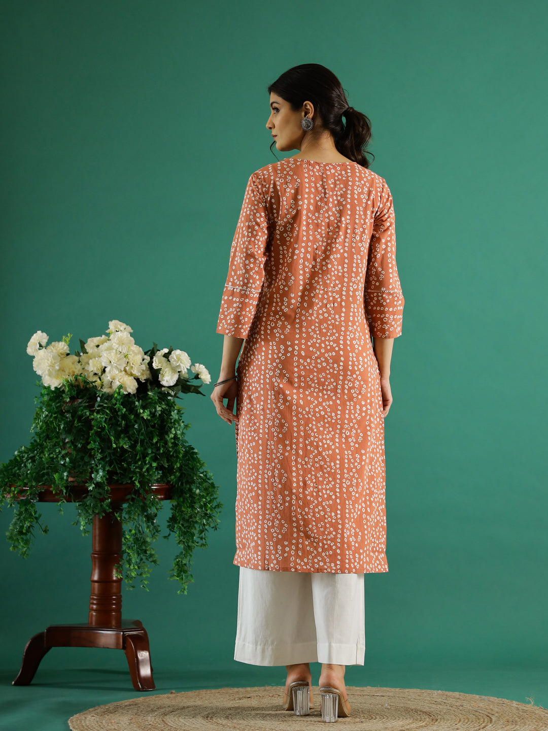 Orange White Dotted  Printed Cotton Kurta