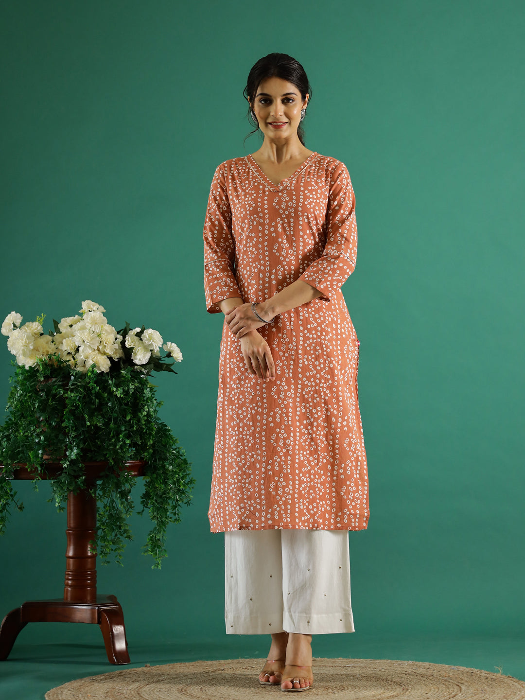 Orange White Dotted  Printed Cotton Kurta