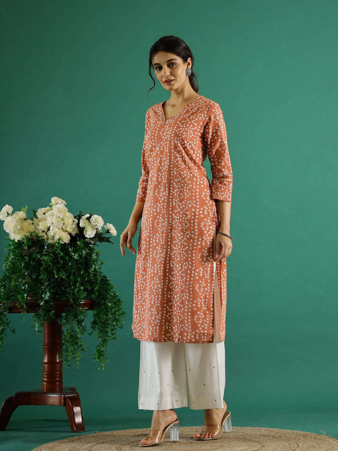 Orange White Dotted  Printed Cotton Kurta