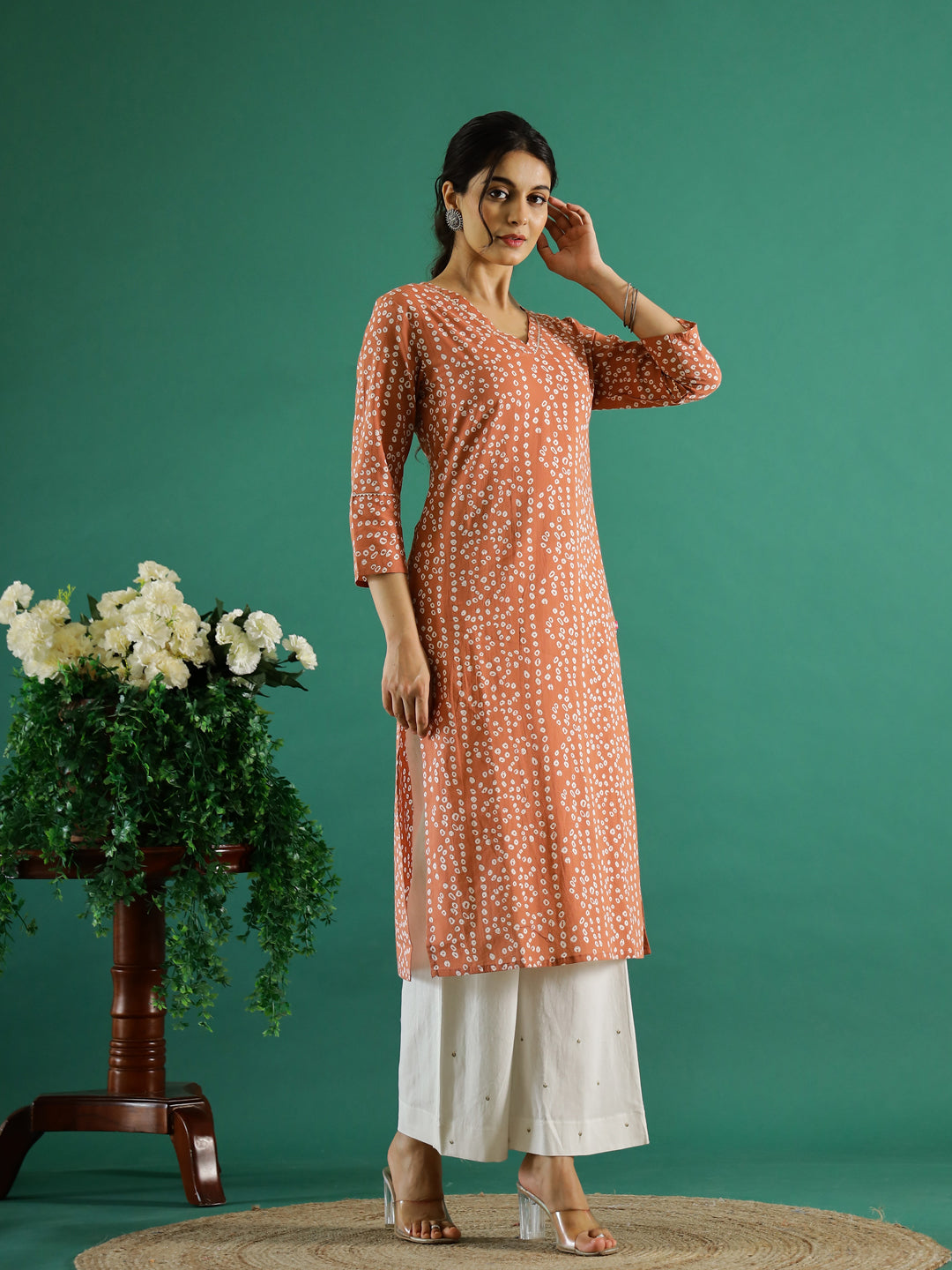 Orange White Dotted  Printed Cotton Kurta