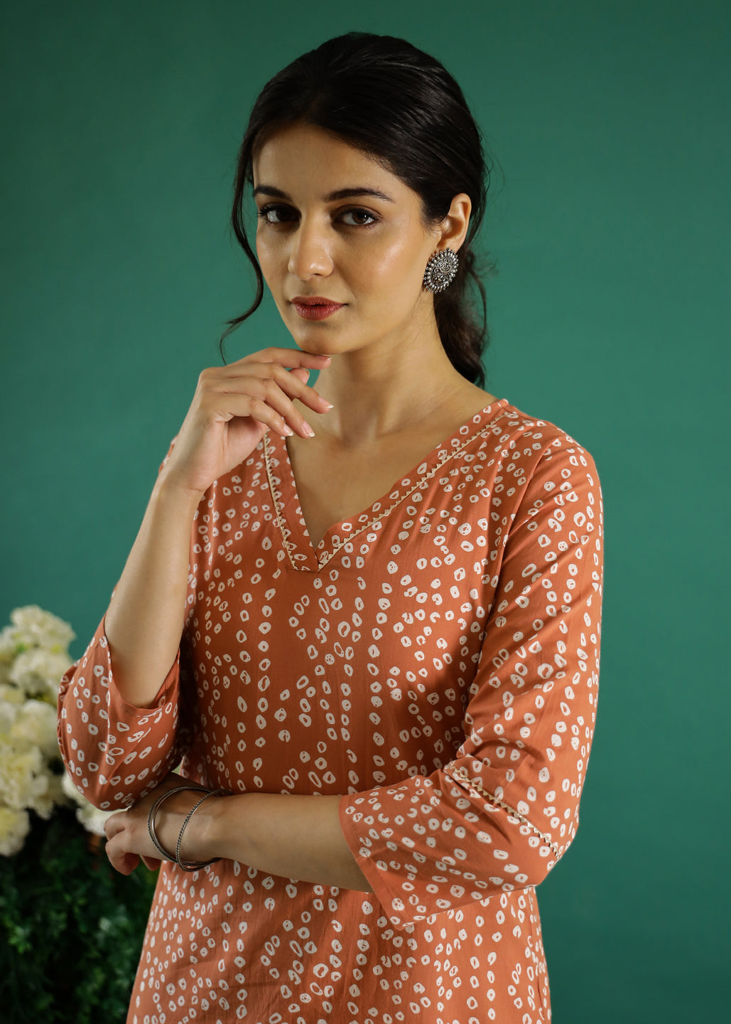 Orange White Dotted  Printed Cotton Kurta