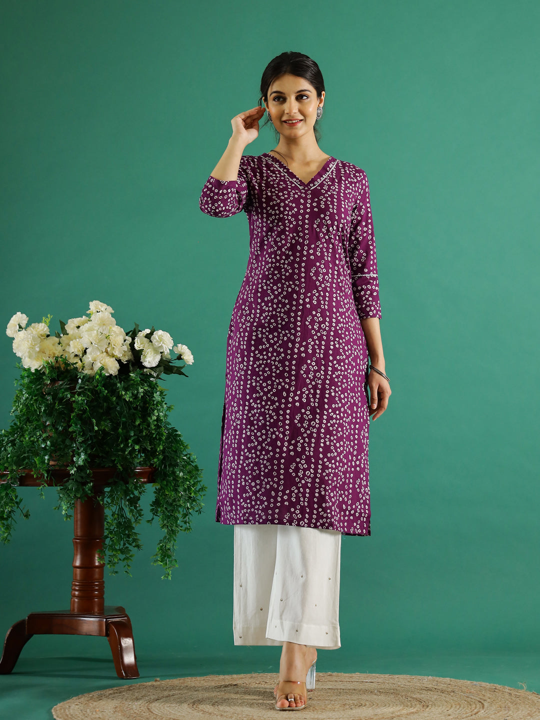 Purple White Dotted  Printed Cotton Kurta