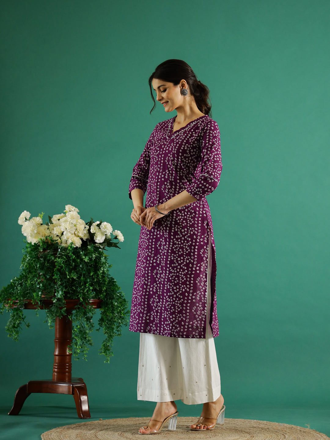 Purple White Dotted  Printed Cotton Kurta