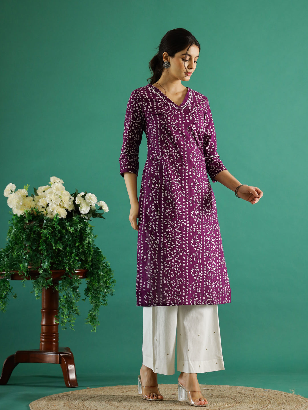 Purple White Dotted  Printed Cotton Kurta