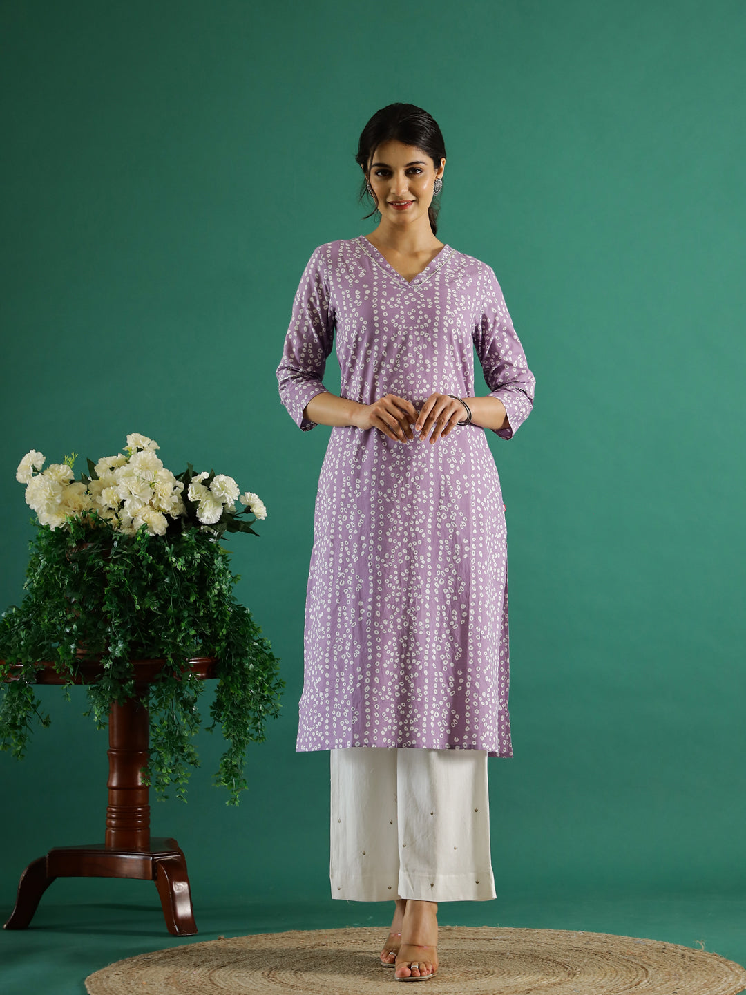 Lavender White Dotted  Printed Cotton Kurta