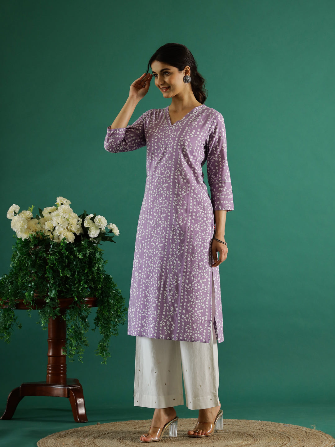 Lavender White Dotted  Printed Cotton Kurta