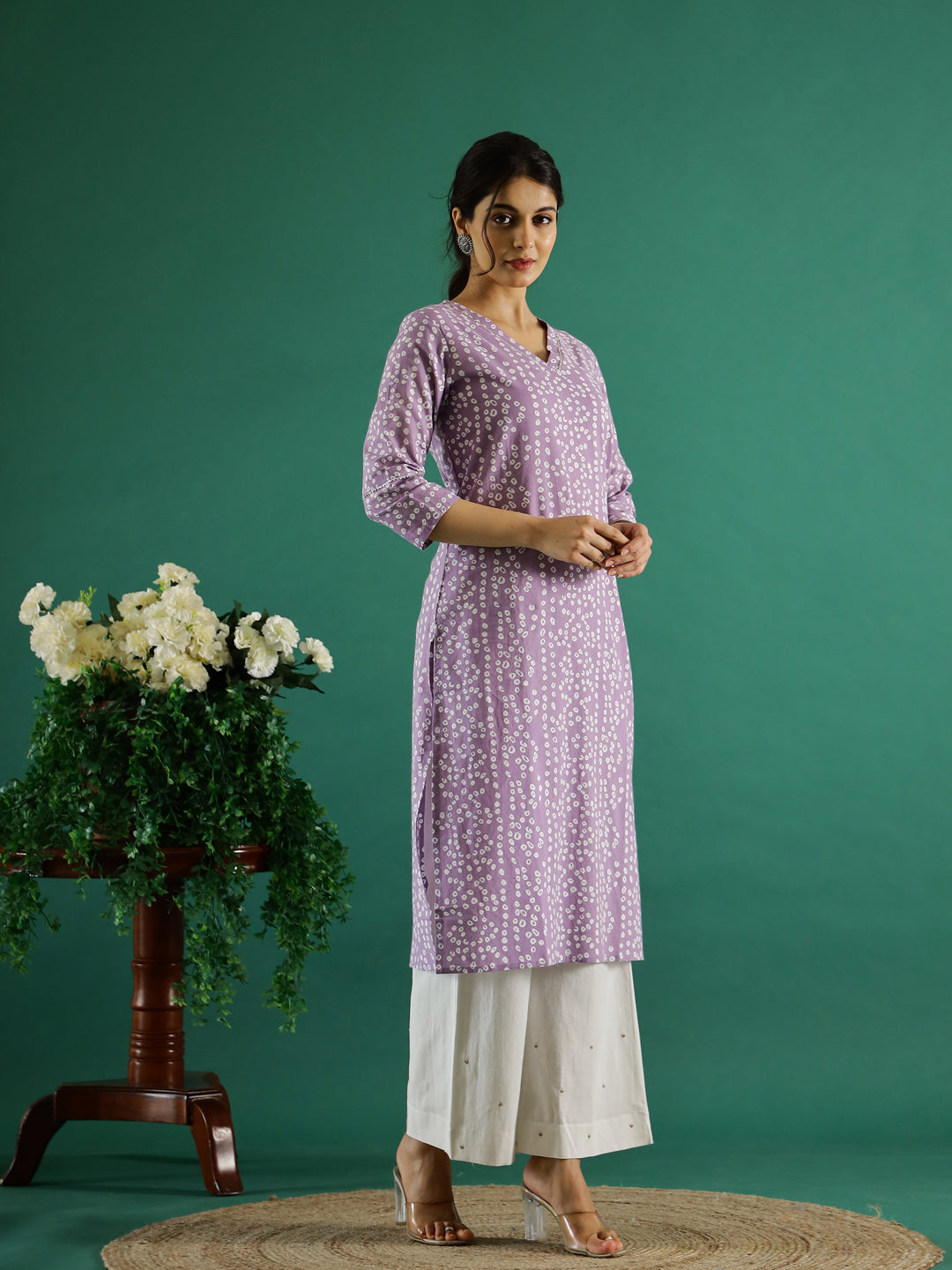 Lavender White Dotted  Printed Cotton Kurta