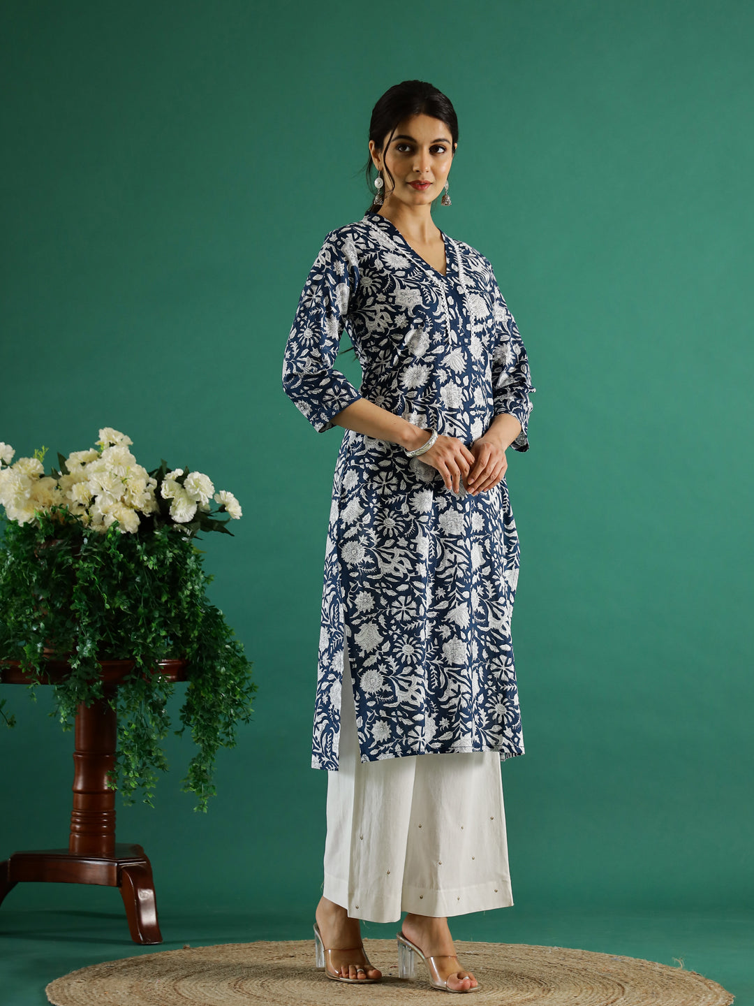 Floral Printed V-Neck Kurta for Women