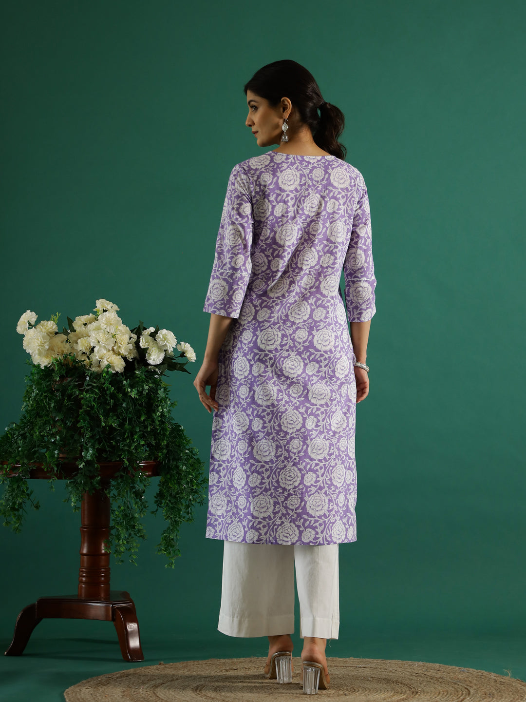 Lavender Flower Printed Cotton Kurta