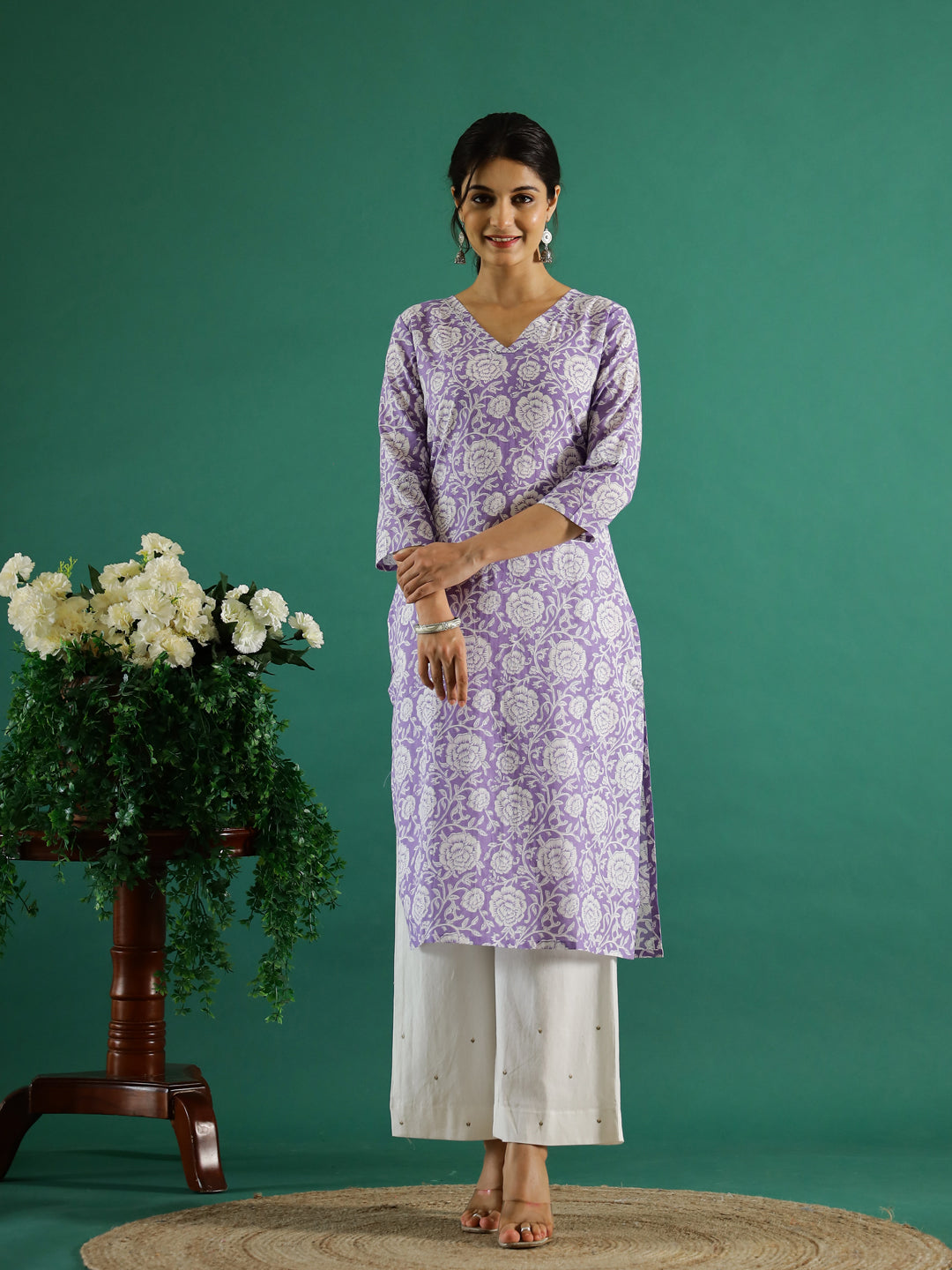 Lavender Flower Printed Cotton Kurta