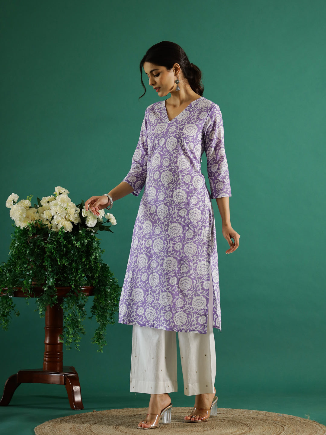 Lavender Flower Printed Cotton Kurta