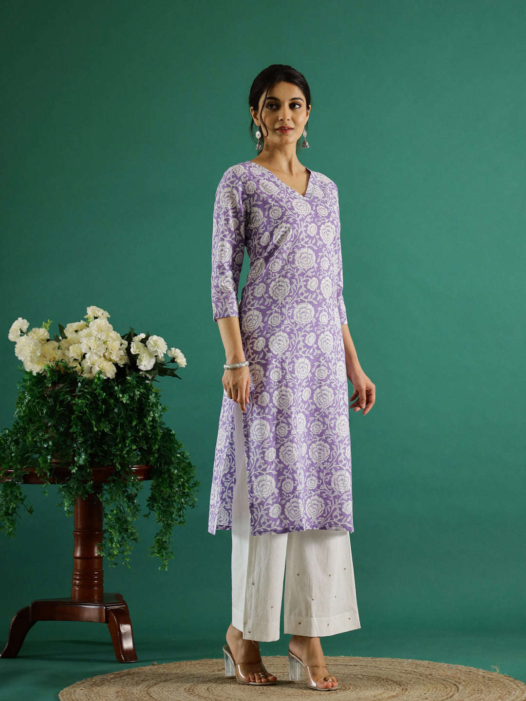 Lavender Flower Printed Cotton Kurta