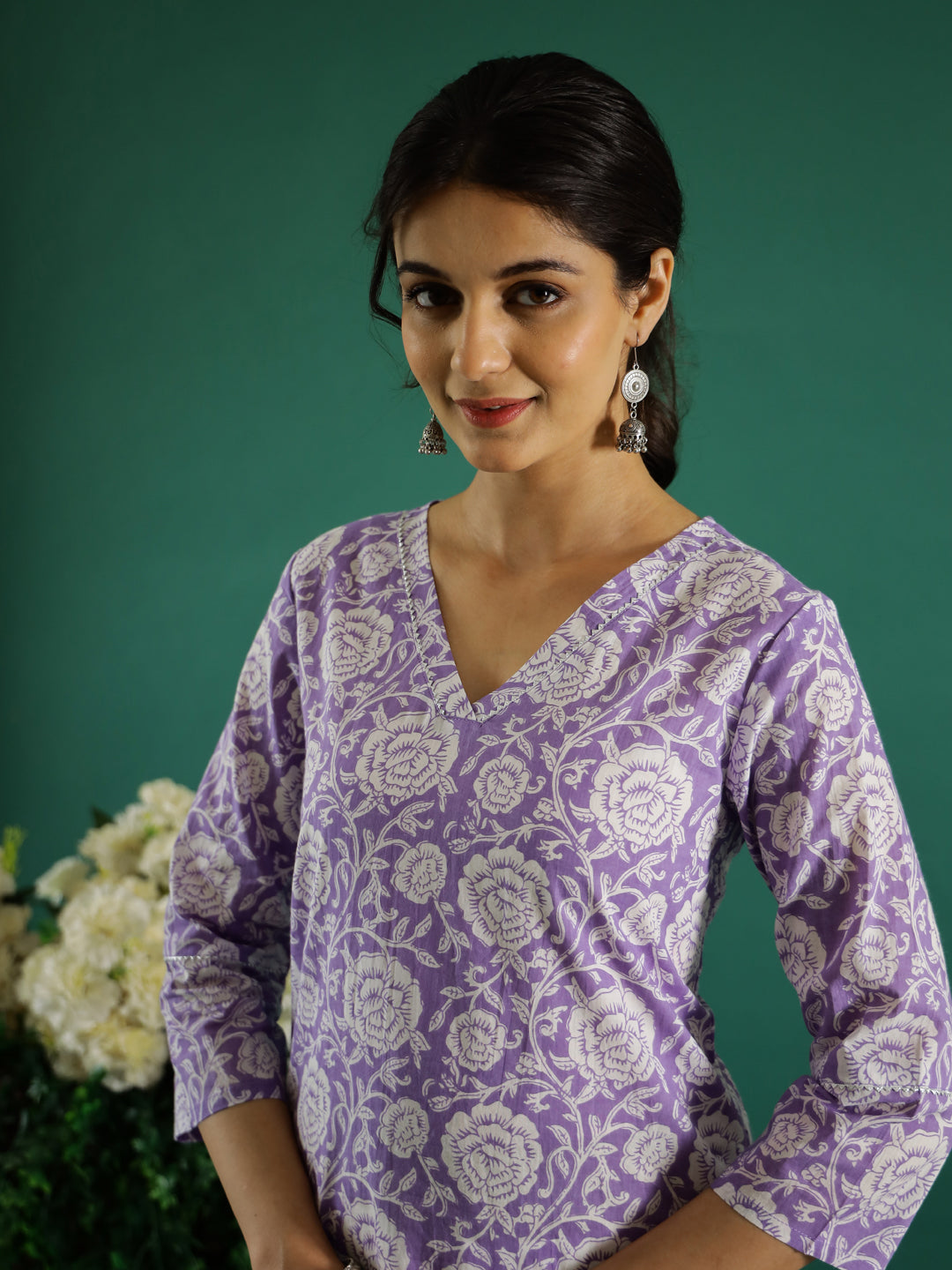 Lavender Flower Printed Cotton Kurta