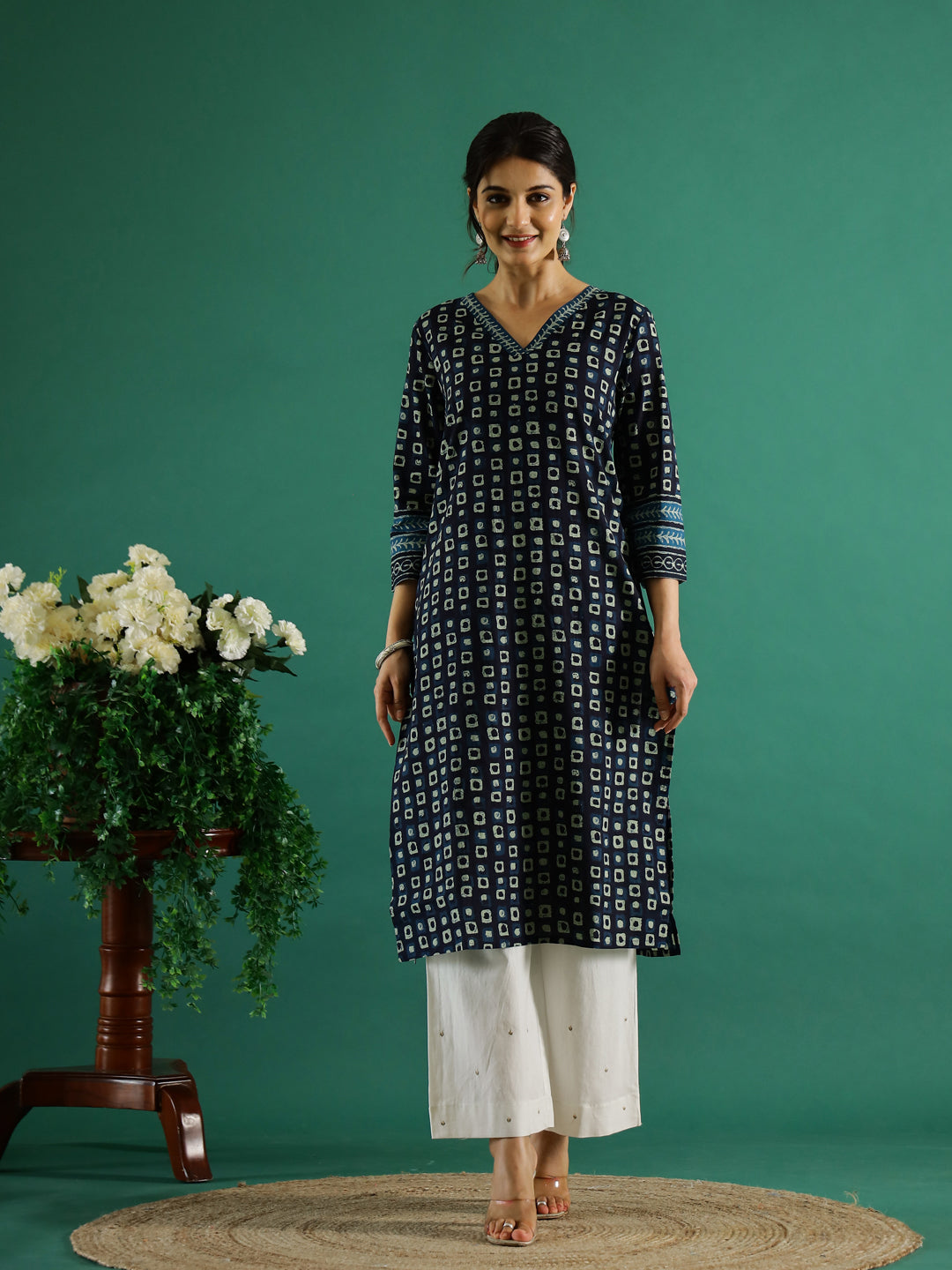 Navy Blue V-Neck Cotton Printed Kurta