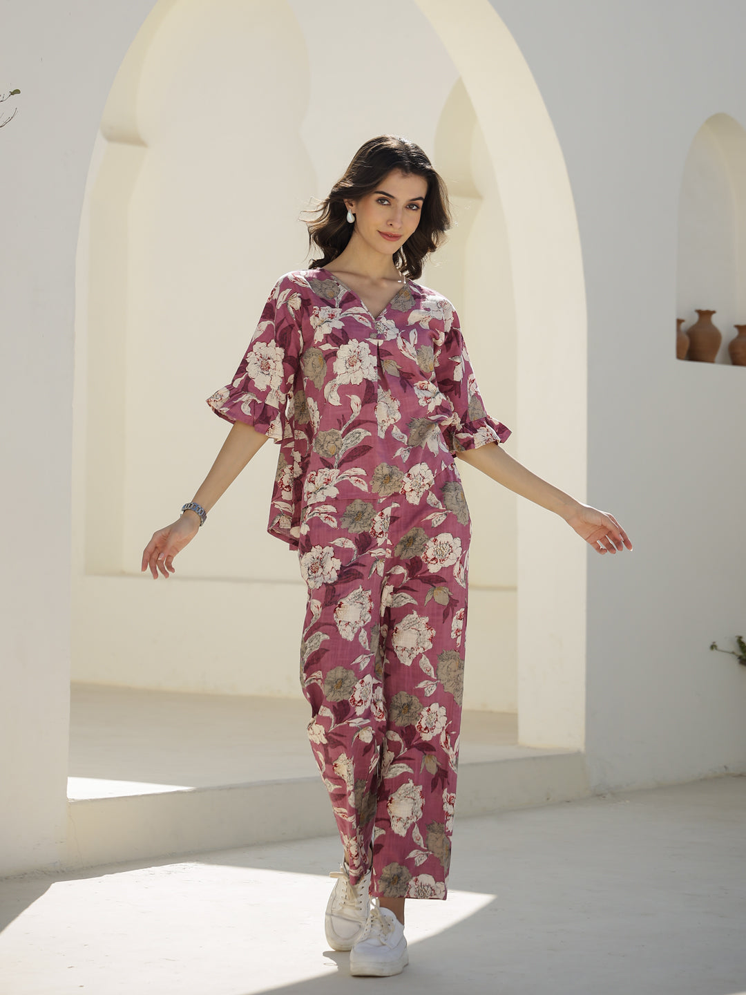 V-Neck Floral Printed Cotton Co-ords Set