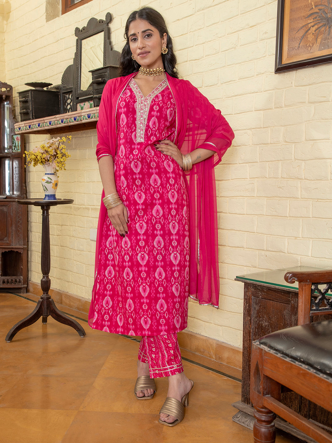 Pink Flower Printed V Neck Cotton Kurta Set