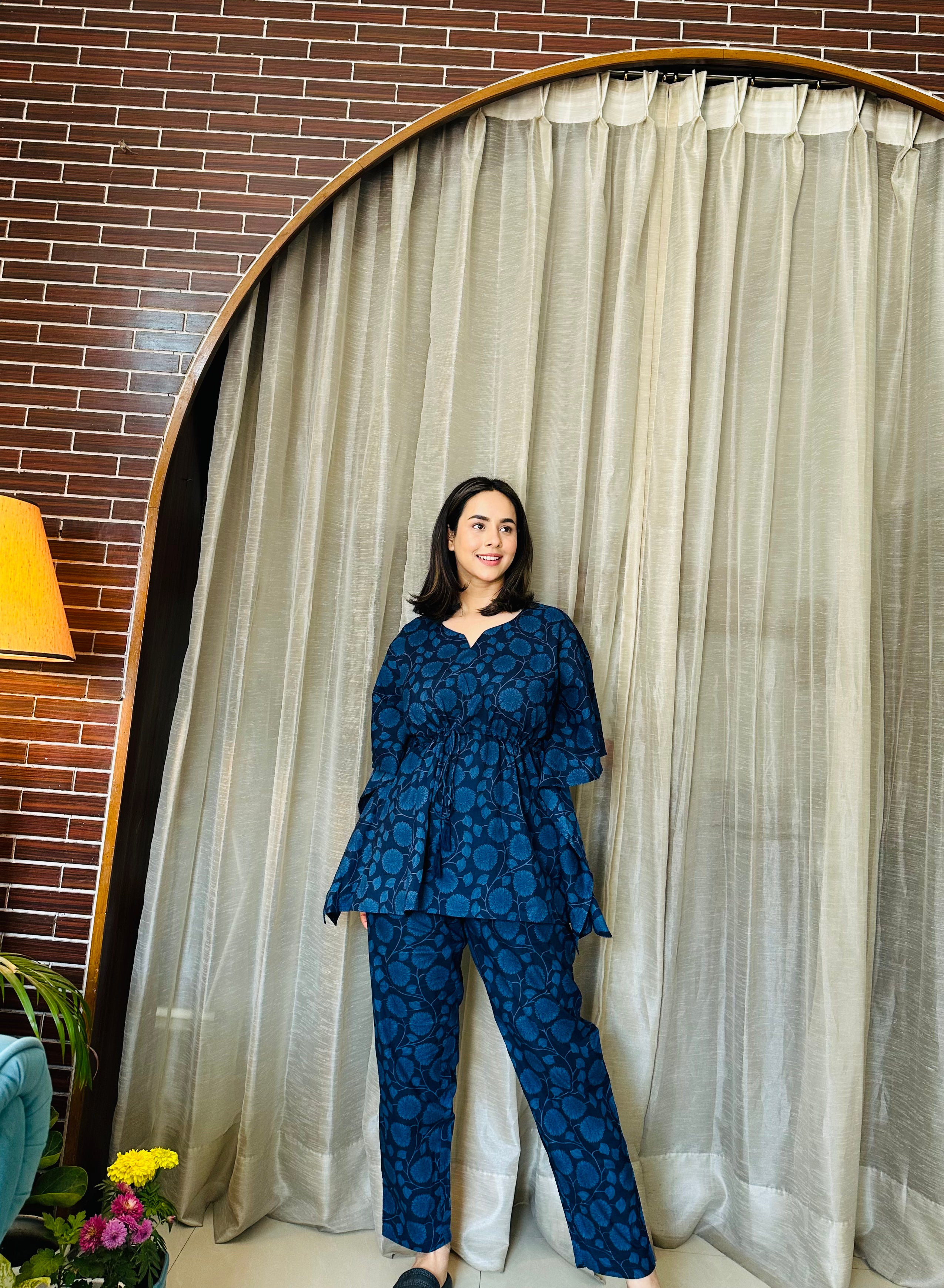 Women Navy Blue Floral Printed Cotton Kaftan with Pyjama