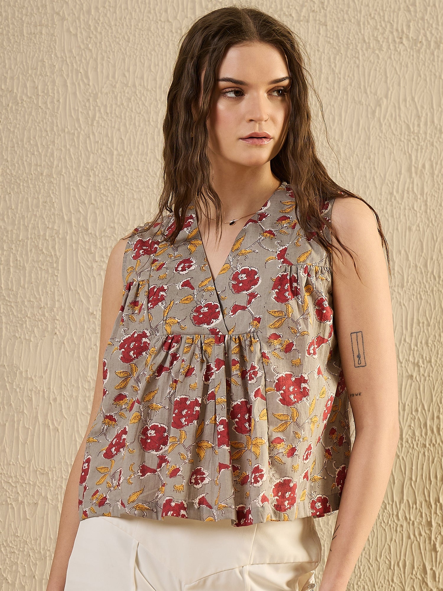 Grey Floral Printed Top for Women