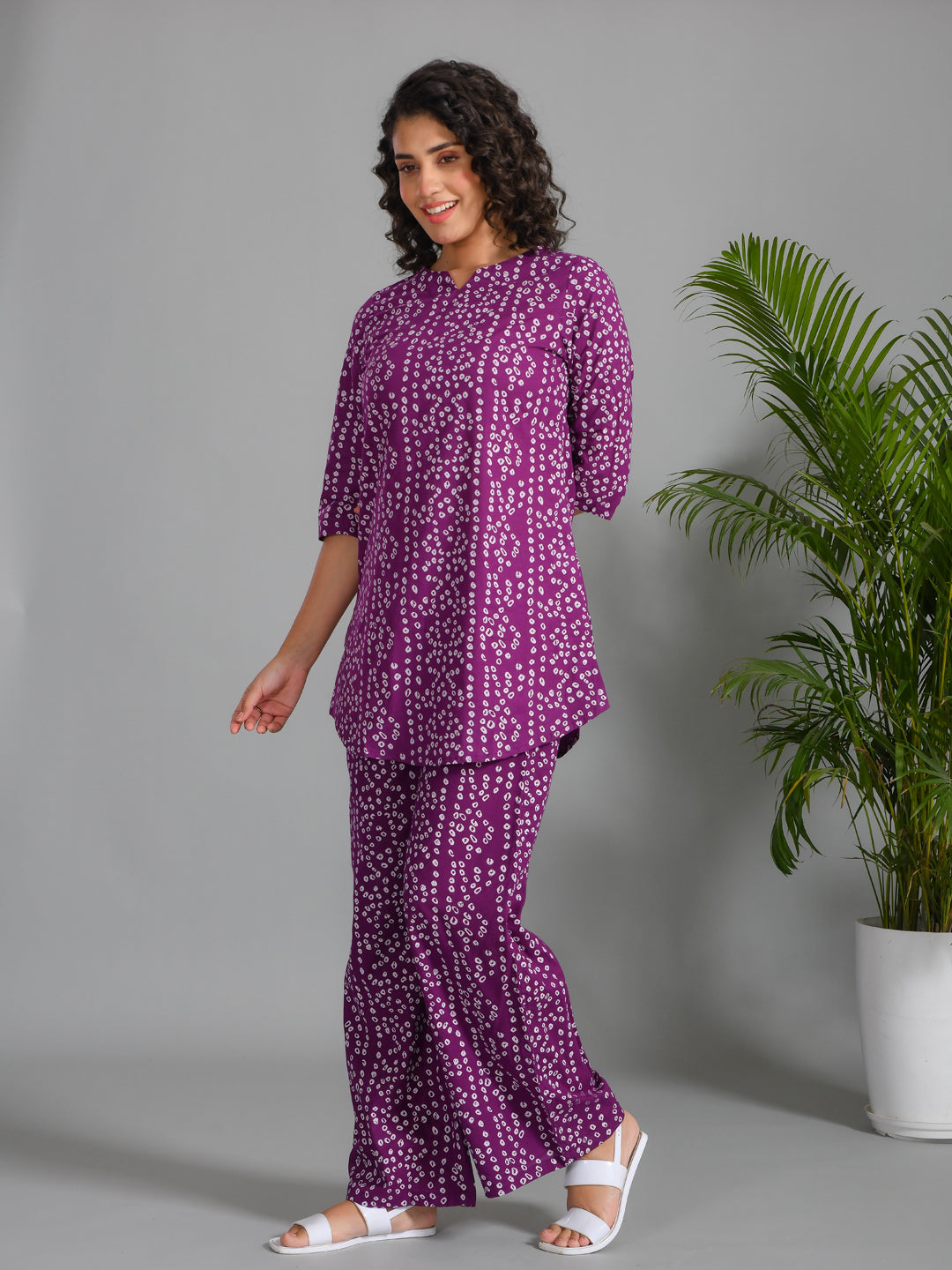 Women Striped Printed Purple Night Loungewear Set